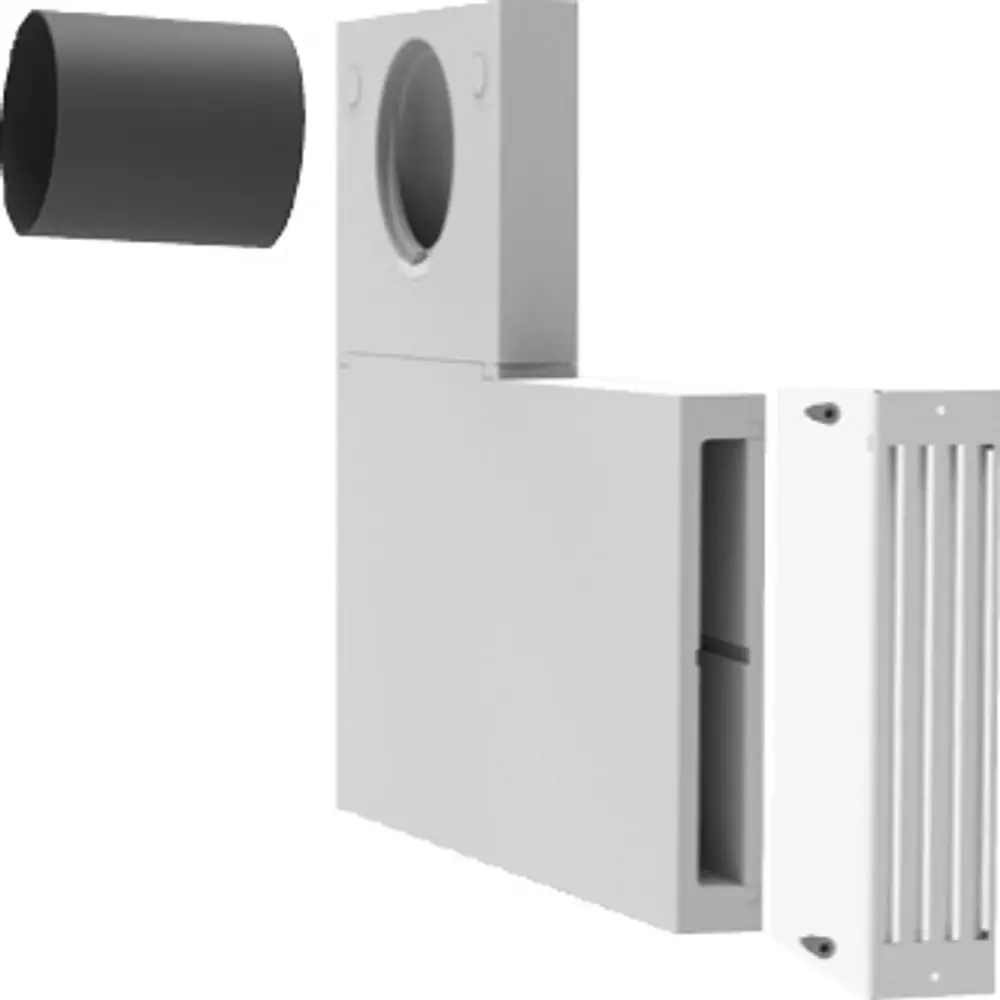 Rohbauset für Lüftungstechnik, bestehend aus weißem Gehäuse, Lüftungsgitter und einem schwarzen Rohr, geeignet für die Montage in Fensterlaibungen, von der Marke Bosch.